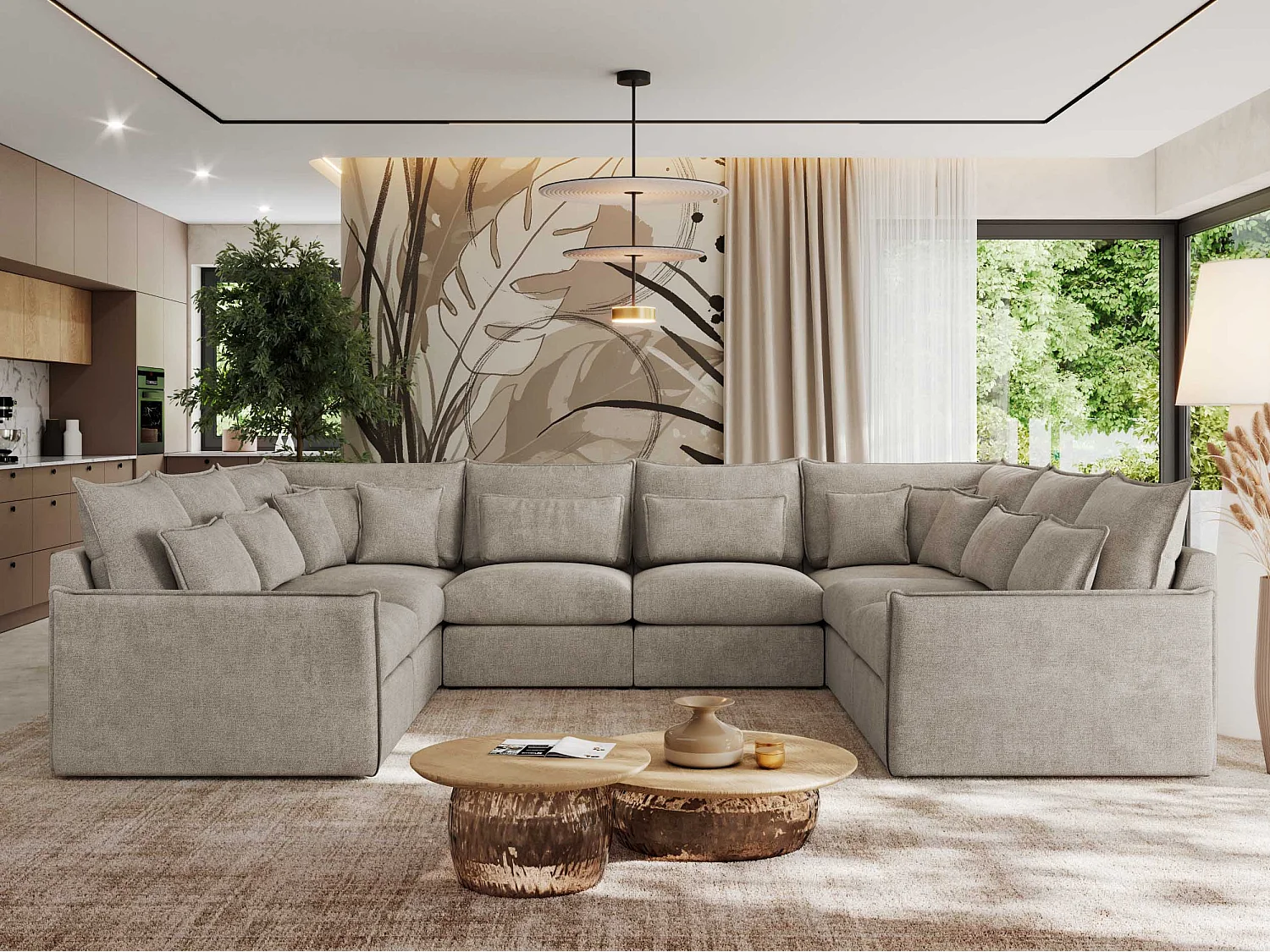 Ecksofa VERSO U8M - modulare U-förmige Ecke mit Armlehnen, Wohnlandschaft, Ecksofa XXL, lose Kissen - Beige Struktur