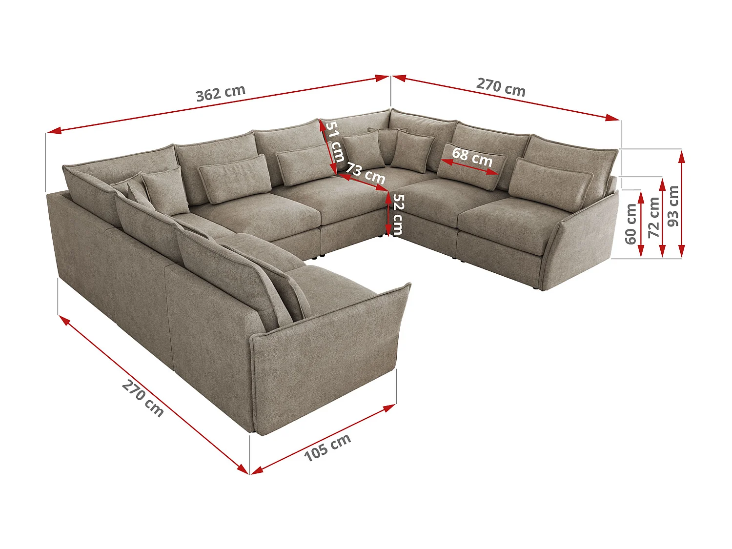 Ecksofa VERSO U8M - modulare U-förmige Ecke mit Armlehnen, Wohnlandschaft, Ecksofa XXL, lose Kissen - Beige Struktur