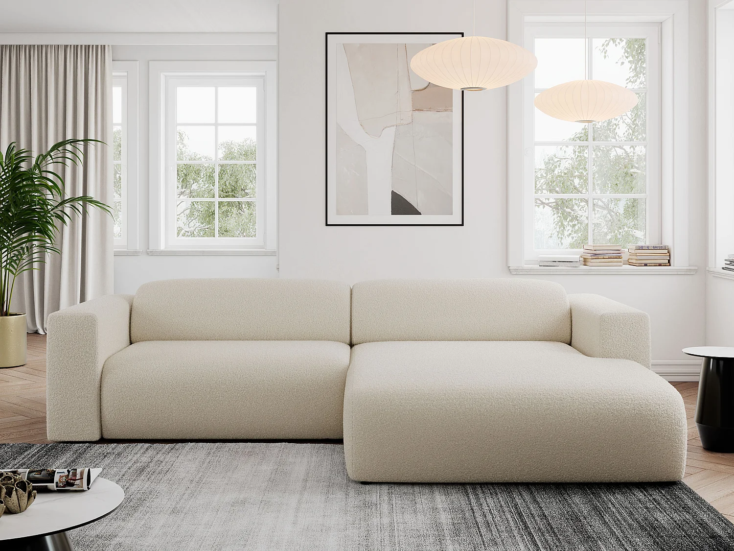 Ecksofa PASADENA - mit Armlehnen, Wohnlandschaft, freistehendes Sofa, große Ecke - Beige Boucle - Ecke Rechts