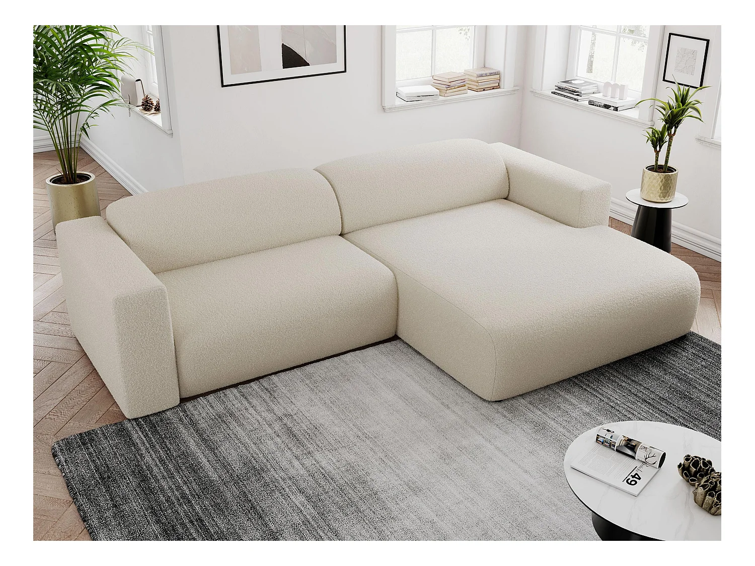 Ecksofa PASADENA - mit Armlehnen, Wohnlandschaft, freistehendes Sofa, große Ecke - Beige Boucle - Ecke Rechts