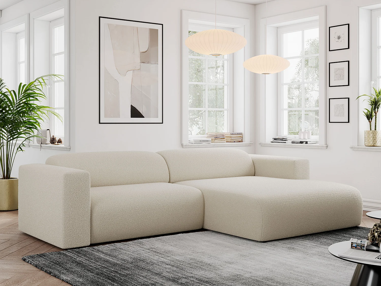 Ecksofa PASADENA - mit Armlehnen, Wohnlandschaft, freistehendes Sofa, große Ecke - Beige Boucle - Ecke Rechts