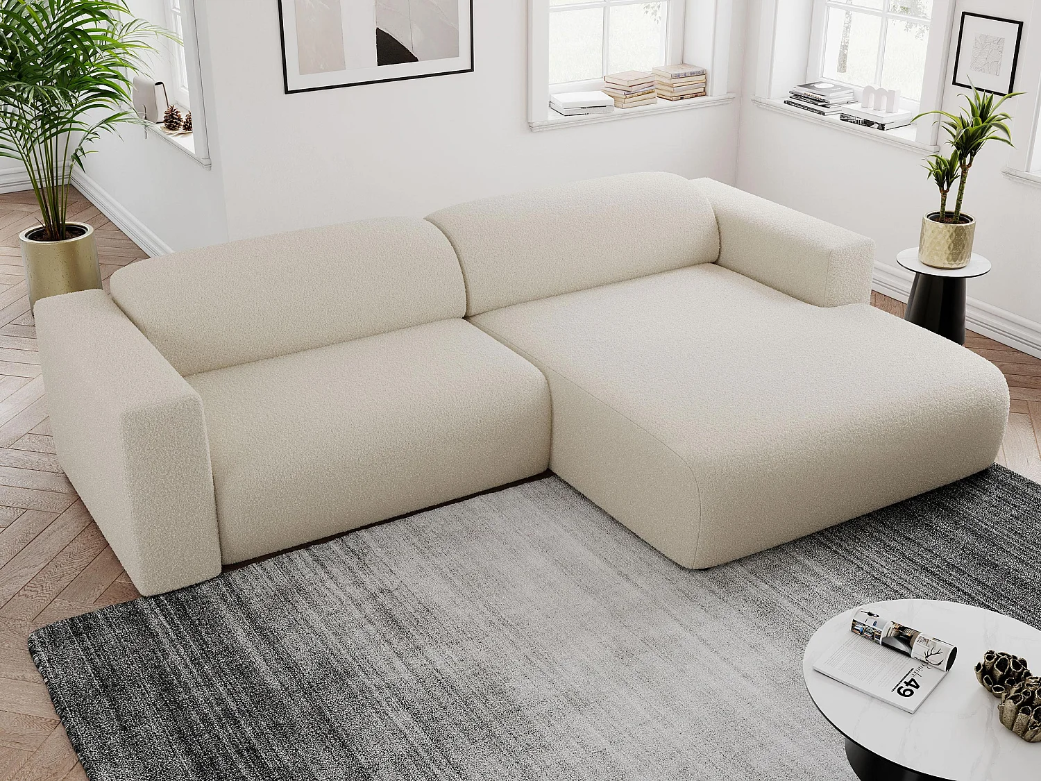 Ecksofa PASADENA - mit Armlehnen, Wohnlandschaft, freistehendes Sofa, große Ecke - Beige Boucle - Ecke Rechts