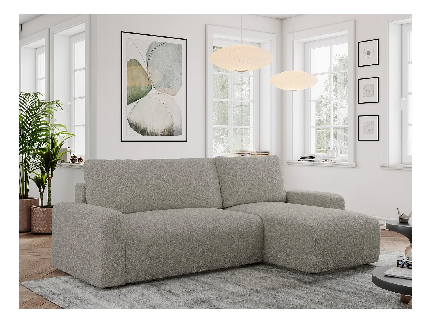 Ecksofa ARGOS - mit Schlaffunktion, Sofa mit armlehnen, Bettkasten, 3-Sitzer Sofa - Grau Boucle