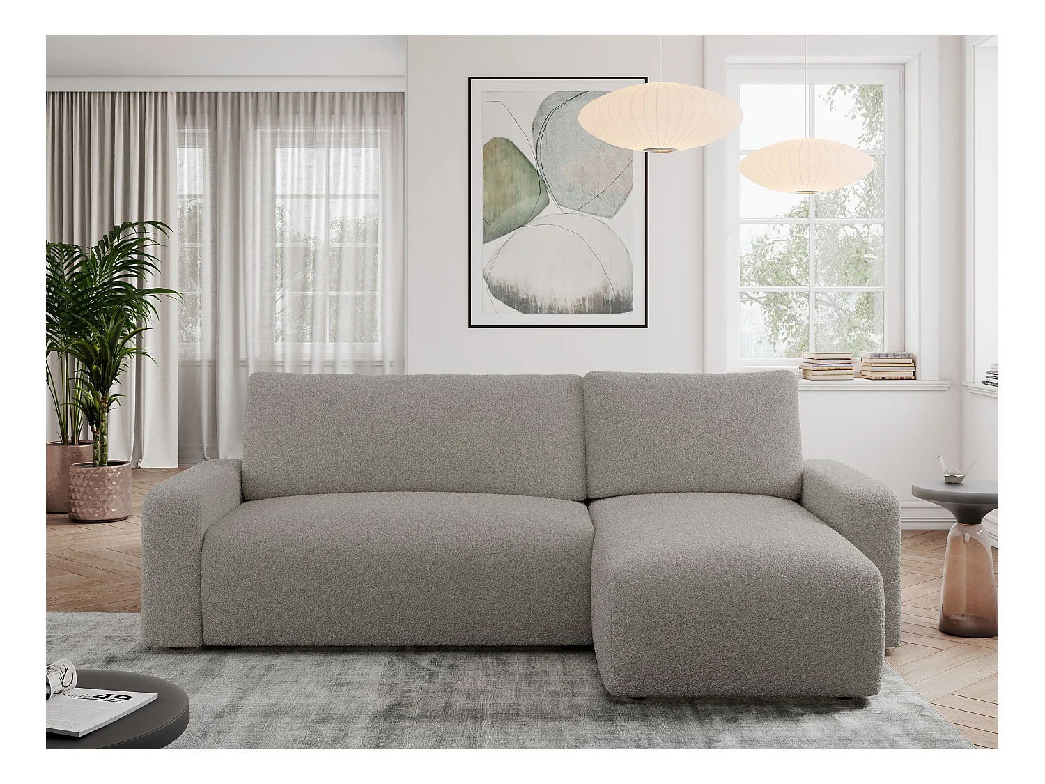 Ecksofa ARGOS - mit Schlaffunktion, Sofa mit armlehnen, Bettkasten, 3-Sitzer Sofa - Grau Boucle