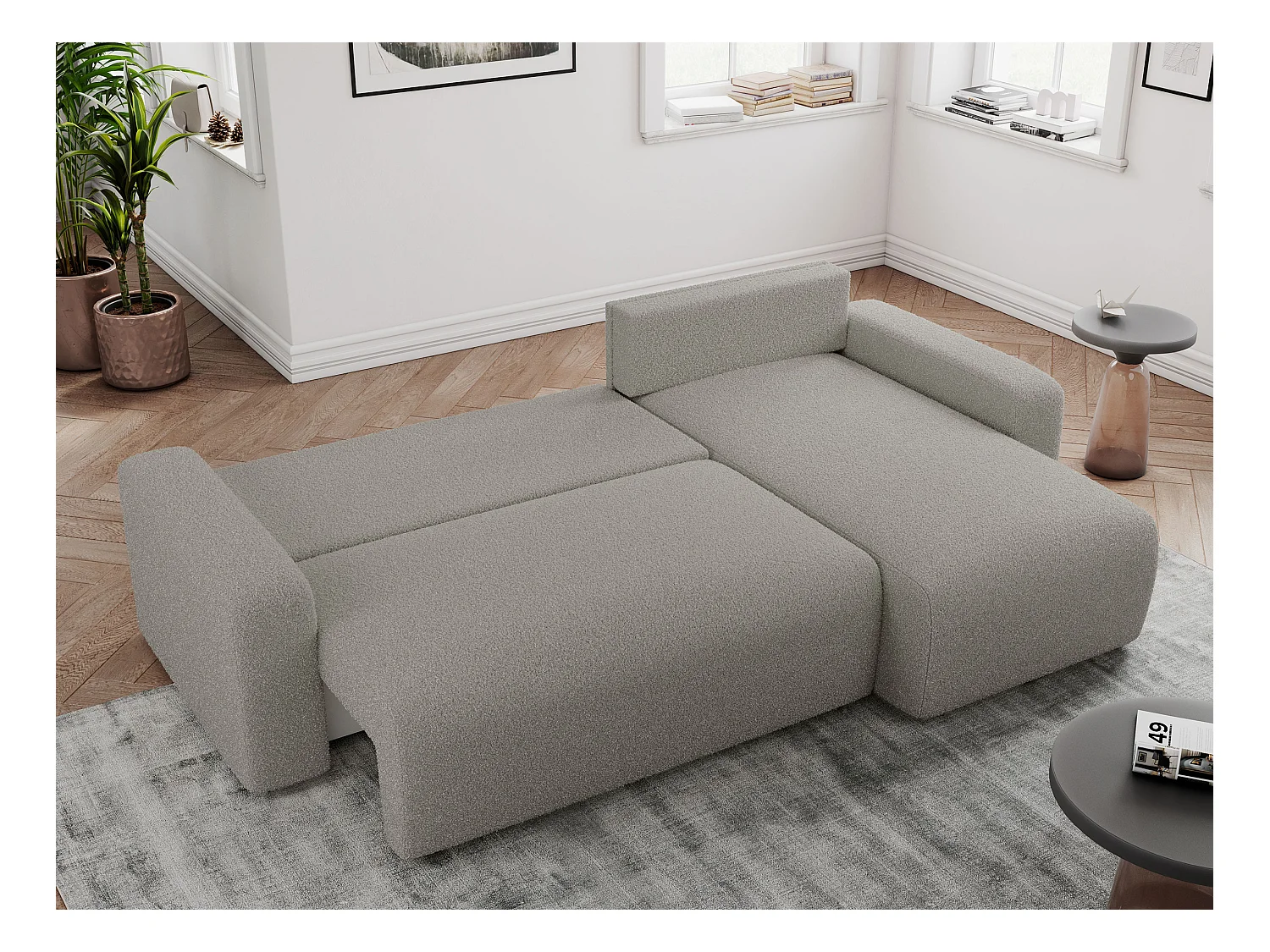 Ecksofa ARGOS - mit Schlaffunktion, Sofa mit armlehnen, Bettkasten, 3-Sitzer Sofa - Grau Boucle