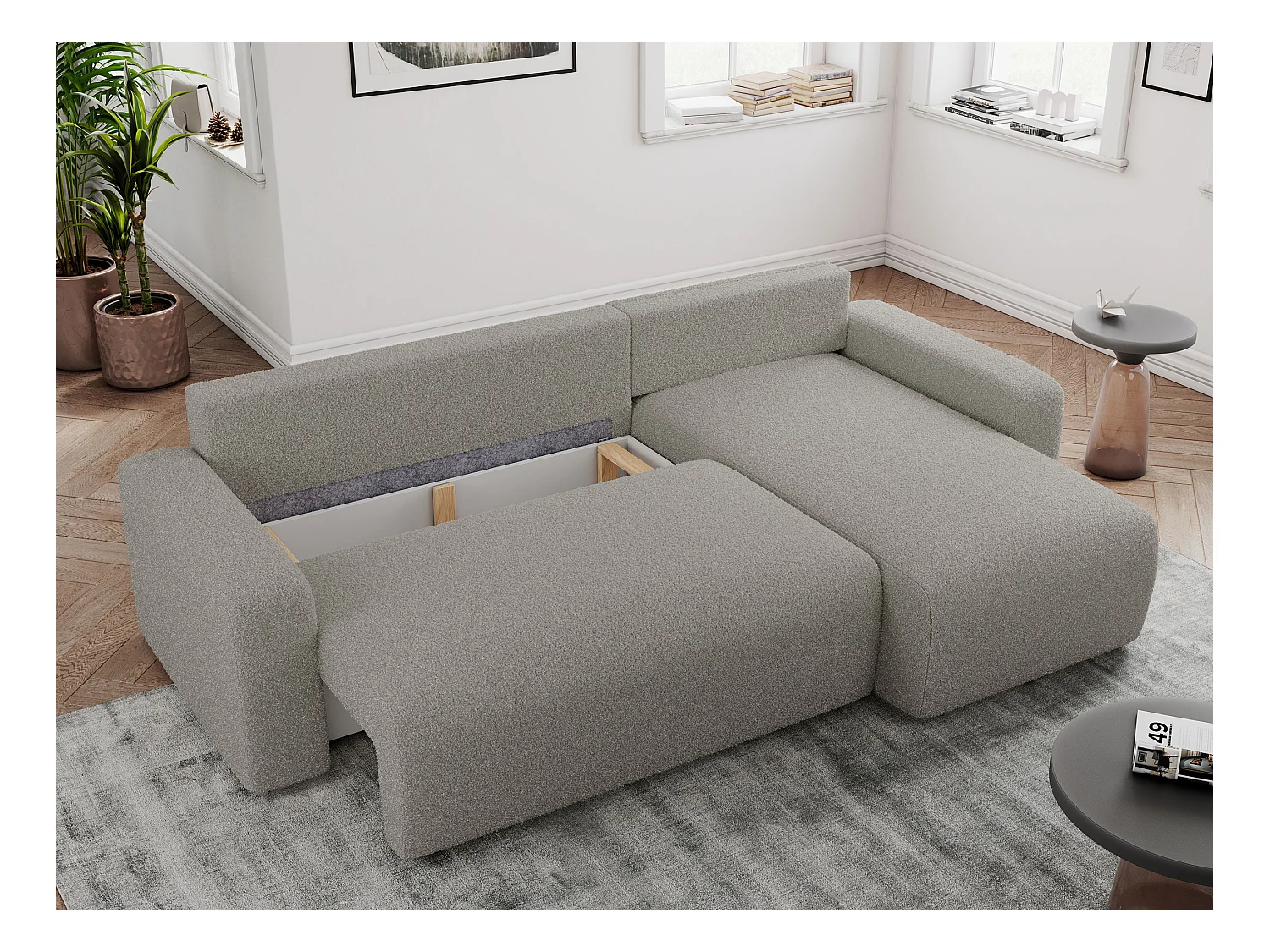 Ecksofa ARGOS - mit Schlaffunktion, Sofa mit armlehnen, Bettkasten, 3-Sitzer Sofa - Grau Boucle