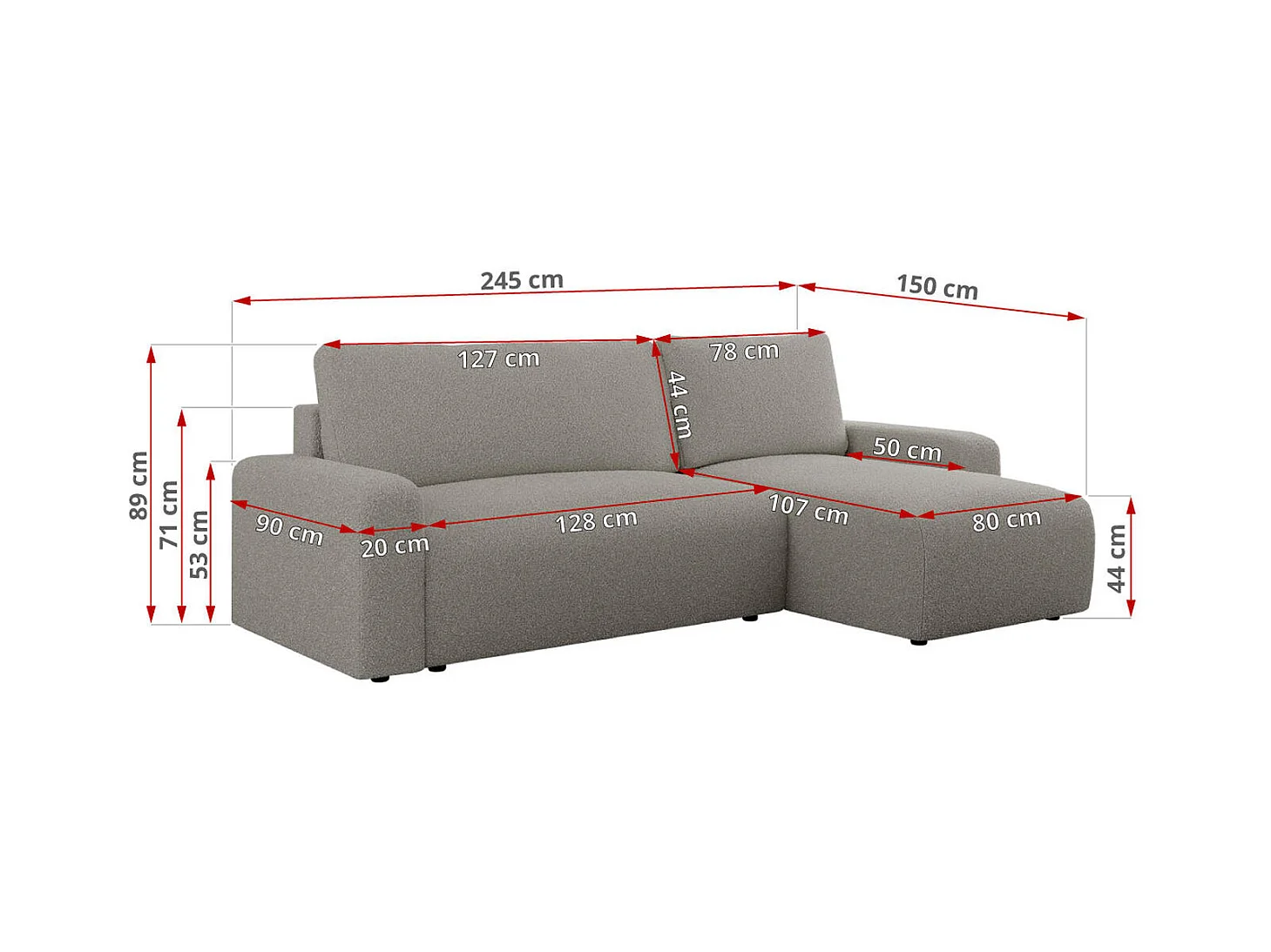 Ecksofa ARGOS - mit Schlaffunktion, Sofa mit armlehnen, Bettkasten, 3-Sitzer Sofa - Grau Boucle