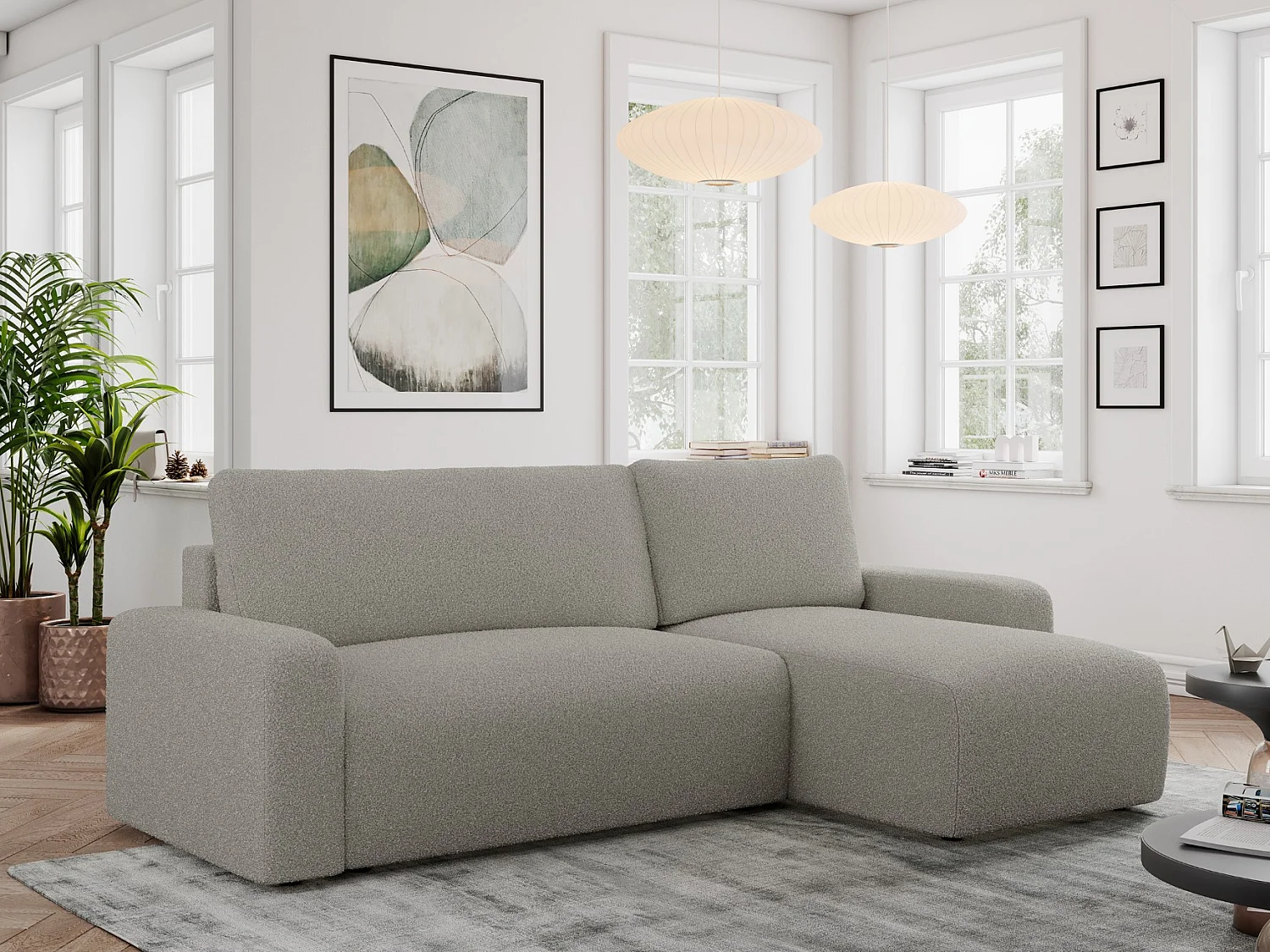 Ecksofa ARGOS - mit Schlaffunktion, Sofa mit armlehnen, Bettkasten, 3-Sitzer Sofa - Grau Boucle
