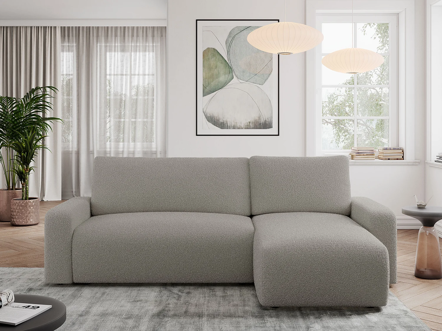 Ecksofa ARGOS - mit Schlaffunktion, Sofa mit armlehnen, Bettkasten, 3-Sitzer Sofa - Grau Boucle