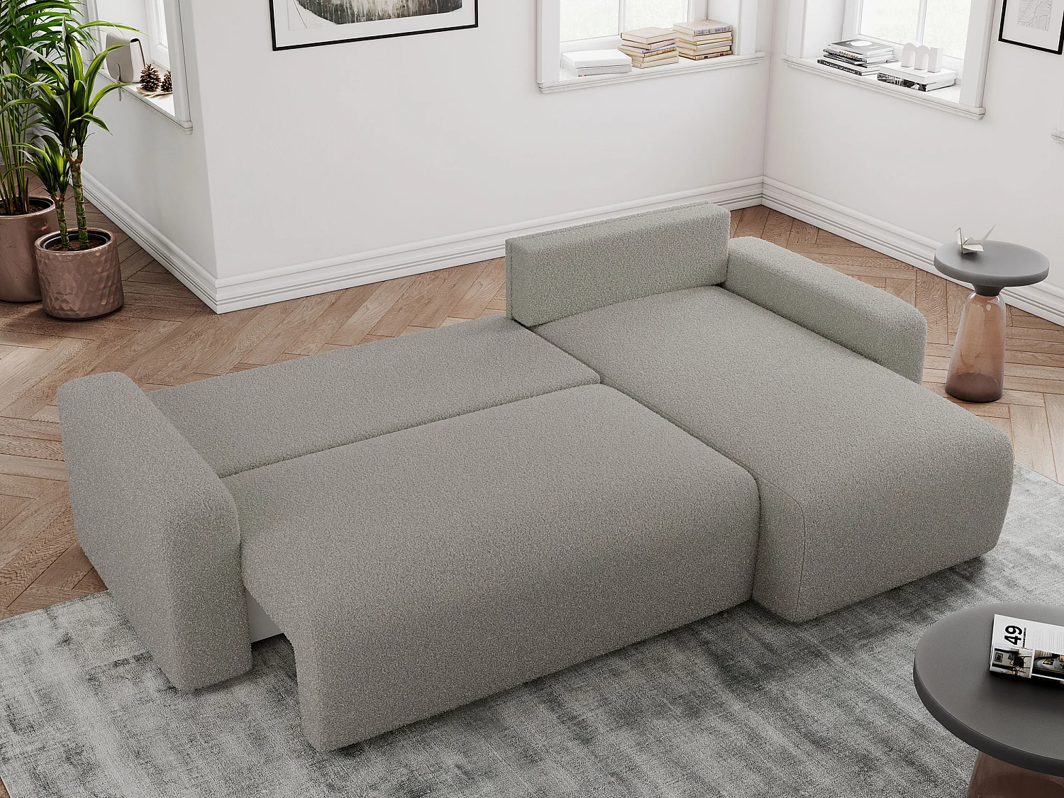 Ecksofa ARGOS - mit Schlaffunktion, Sofa mit armlehnen, Bettkasten, 3-Sitzer Sofa - Grau Boucle