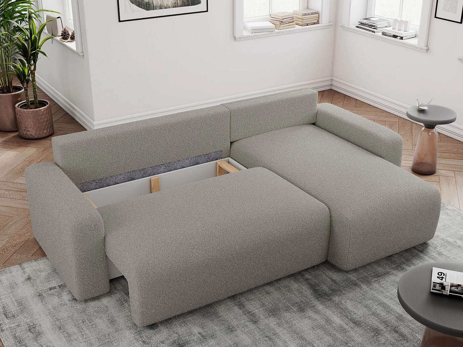 Ecksofa ARGOS - mit Schlaffunktion, Sofa mit armlehnen, Bettkasten, 3-Sitzer Sofa - Grau Boucle