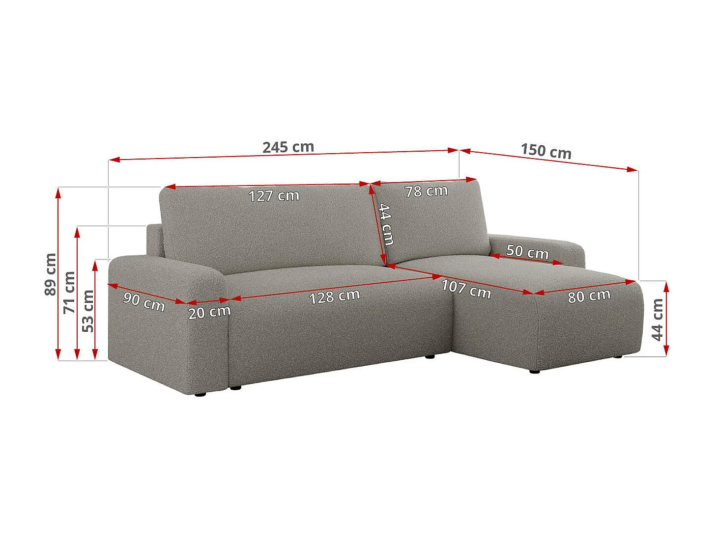 Ecksofa ARGOS - mit Schlaffunktion, Sofa mit armlehnen, Bettkasten, 3-Sitzer Sofa - Grau Boucle