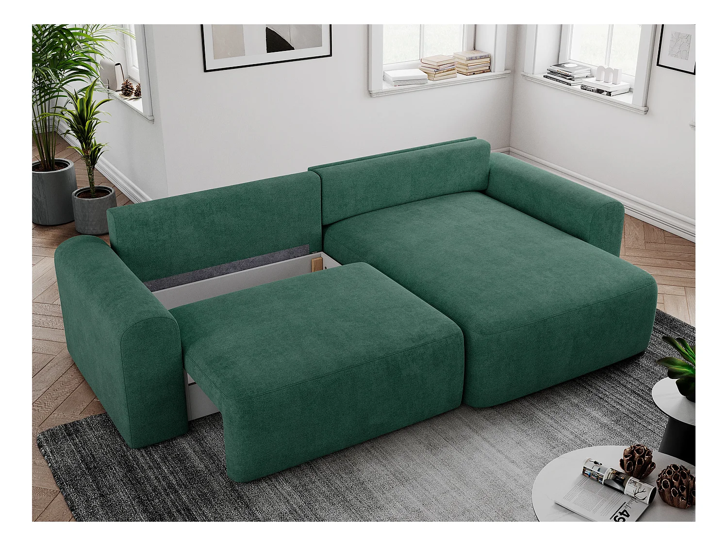 Ecksofa NELSON - Schlafcouch mit Armlehnen und Bettkasten, universelles L-förmige Ecksofa - Grün Stukture