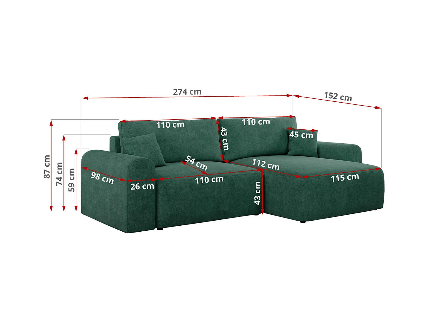 Ecksofa NELSON - Schlafcouch mit Armlehnen und Bettkasten, universelles L-förmige Ecksofa - Grün Stukture