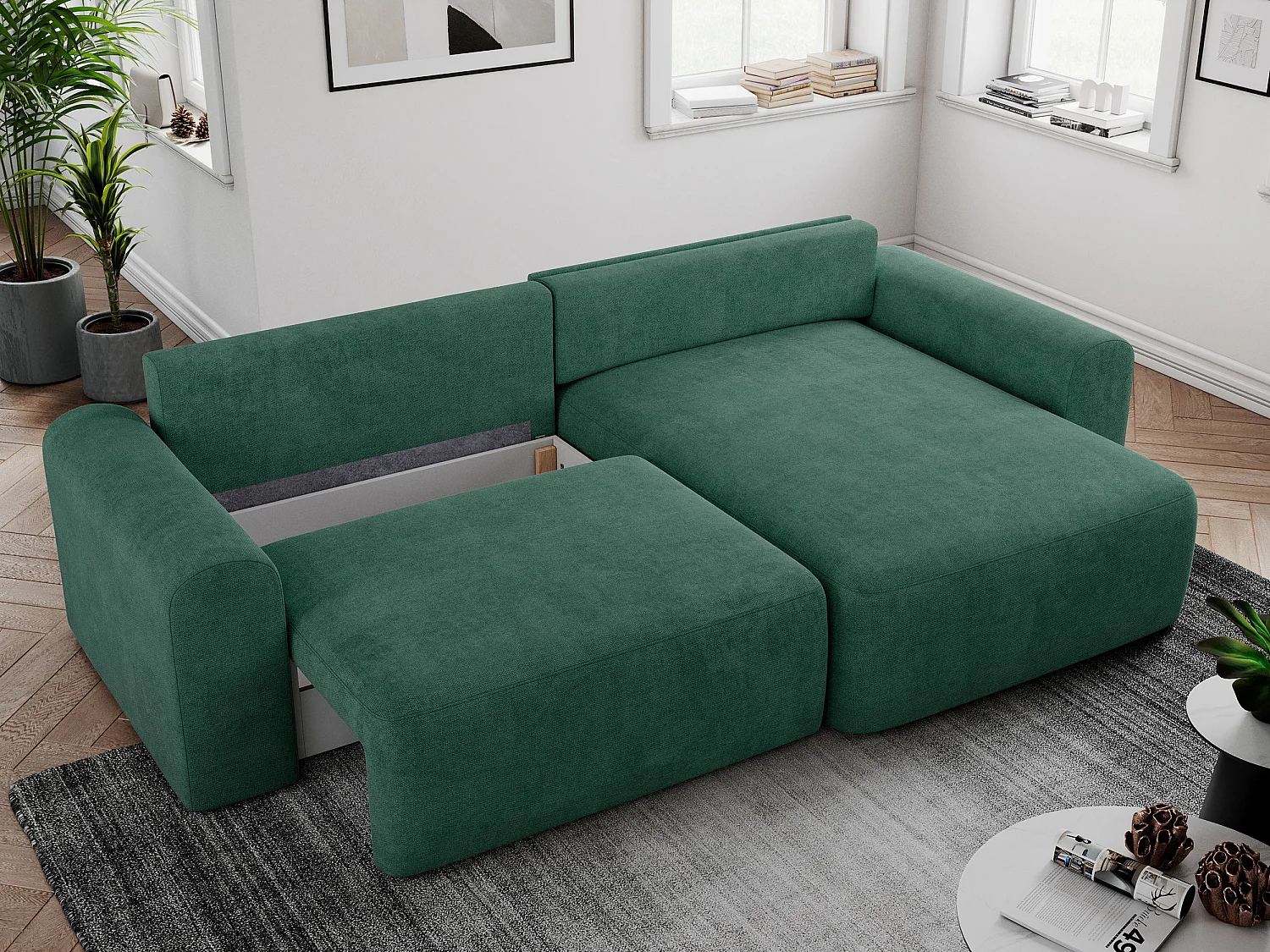Ecksofa NELSON - Schlafcouch mit Armlehnen und Bettkasten, universelles L-förmige Ecksofa - Grün Stukture