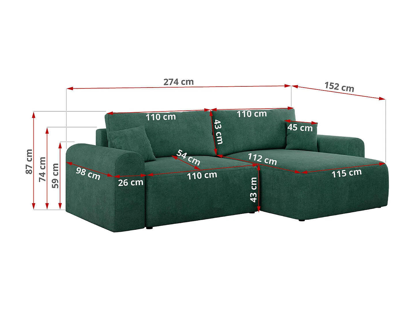 Ecksofa NELSON - Schlafcouch mit Armlehnen und Bettkasten, universelles L-förmige Ecksofa - Grün Stukture