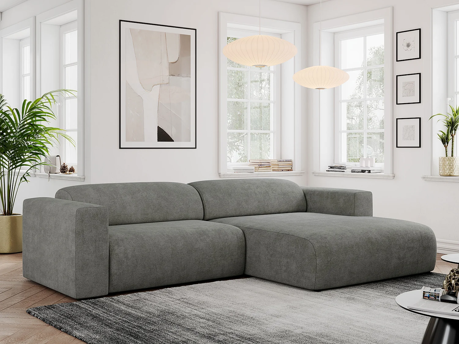 Ecksofa PASADENA - mit Armlehnen, Wohnlandschaft, freistehendes Sofa, große Ecke - Grau Stukture - Ecke Rechts