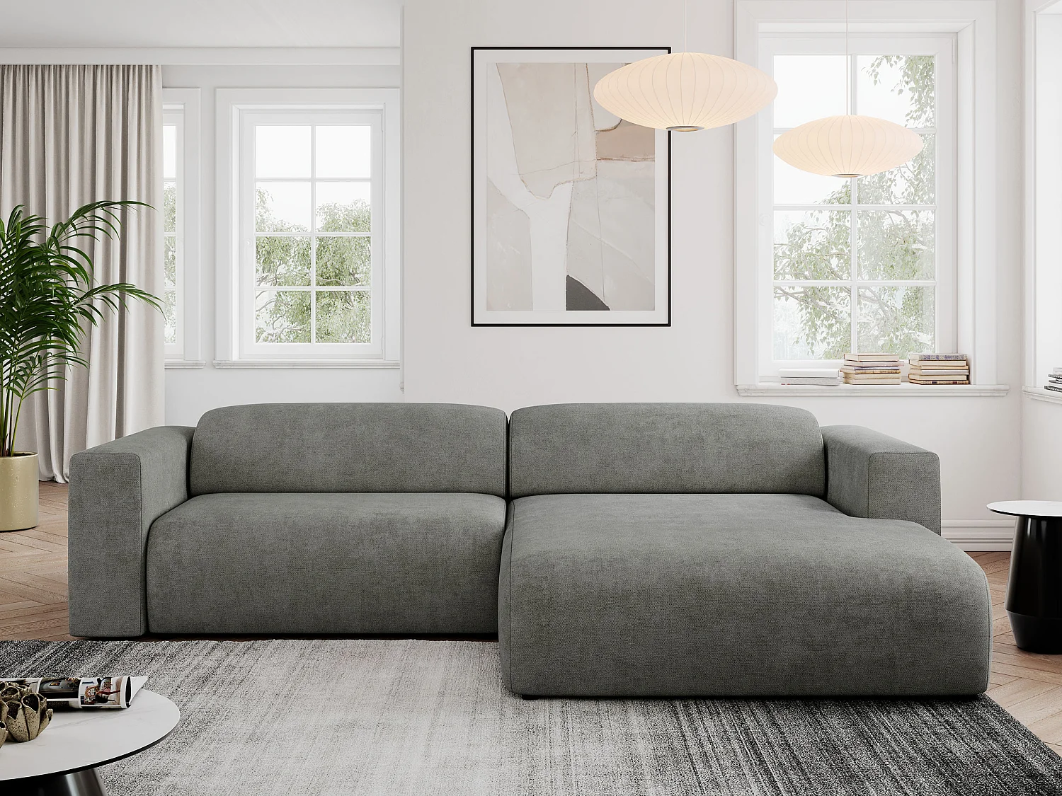 Ecksofa PASADENA - mit Armlehnen, Wohnlandschaft, freistehendes Sofa, große Ecke - Grau Stukture - Ecke Rechts