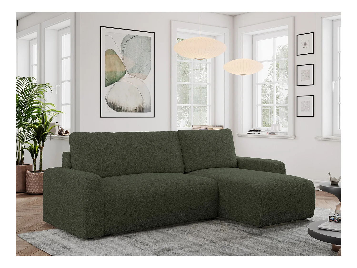 Ecksofa ARGOS - mit Schlaffunktion, Sofa mit armlehnen, Bettkasten, 3-Sitzer Sofa - Grün Boucle