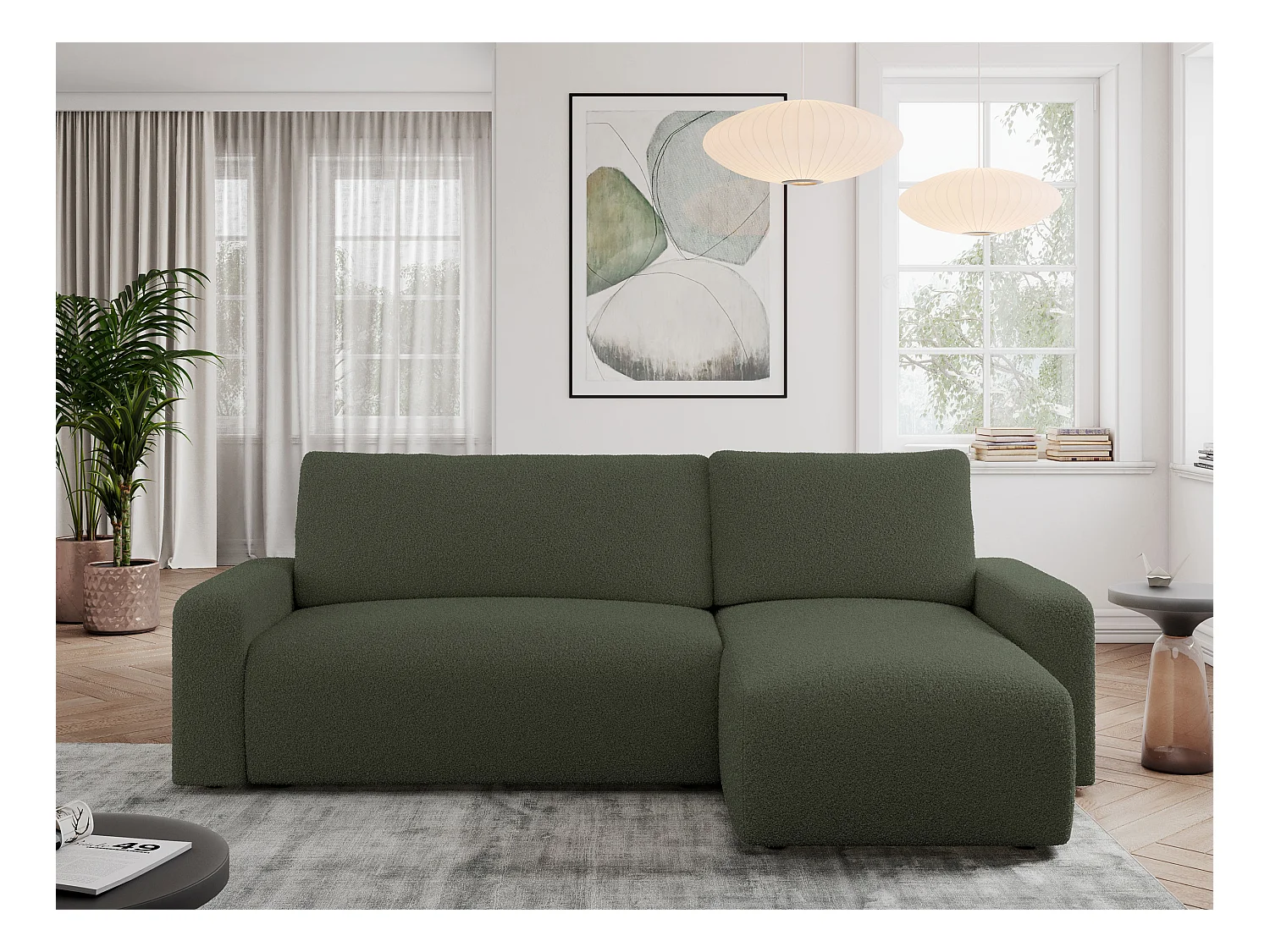 Ecksofa ARGOS - mit Schlaffunktion, Sofa mit armlehnen, Bettkasten, 3-Sitzer Sofa - Grün Boucle