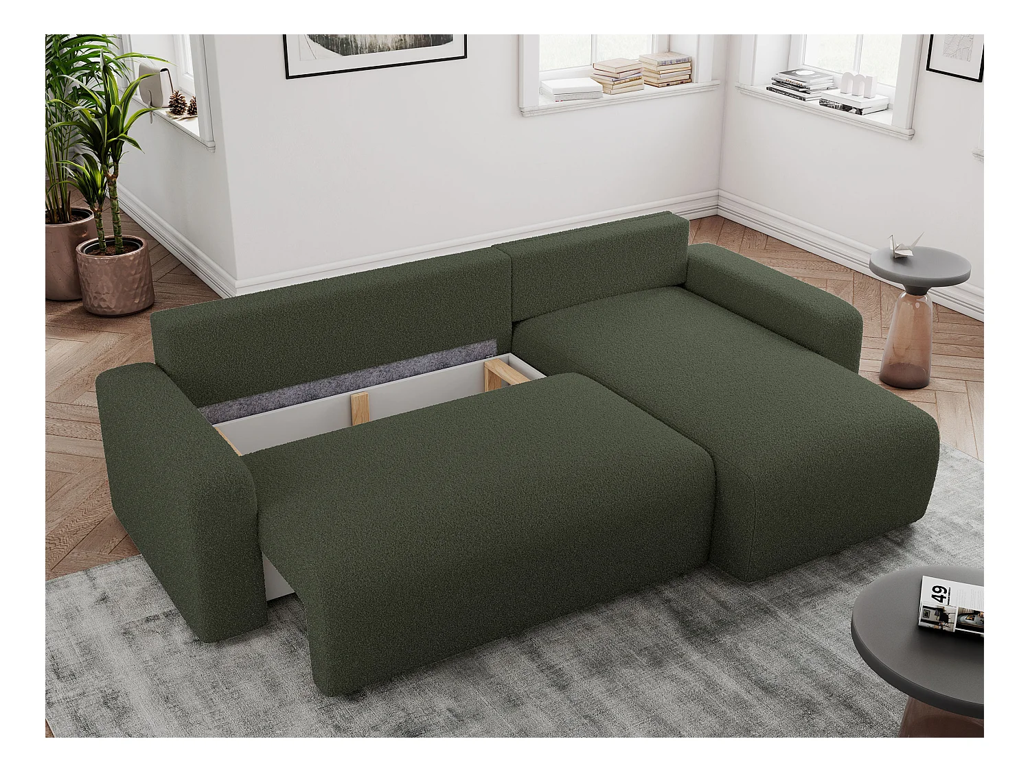 Ecksofa ARGOS - mit Schlaffunktion, Sofa mit armlehnen, Bettkasten, 3-Sitzer Sofa - Grün Boucle