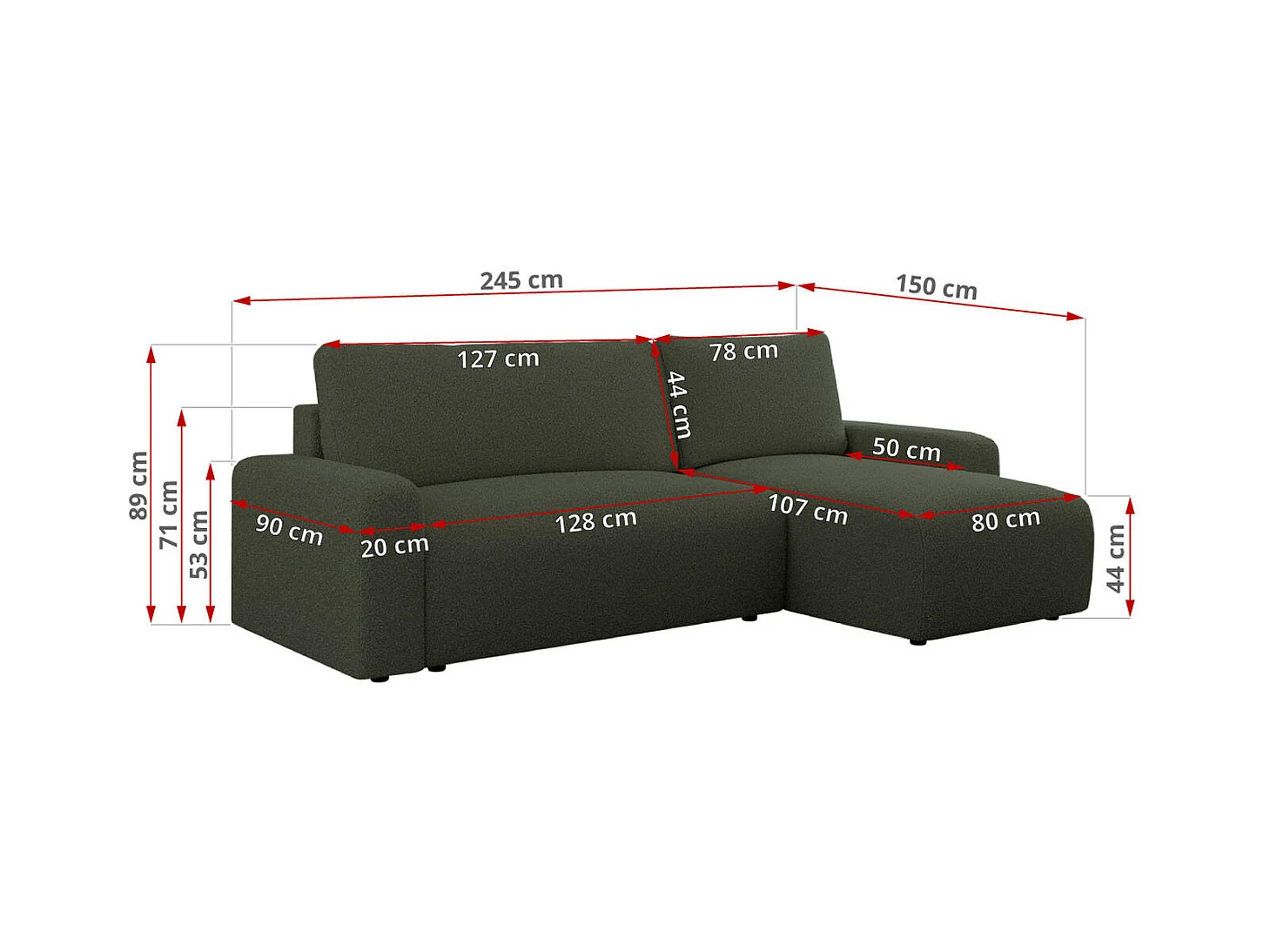 Ecksofa ARGOS - mit Schlaffunktion, Sofa mit armlehnen, Bettkasten, 3-Sitzer Sofa - Grün Boucle
