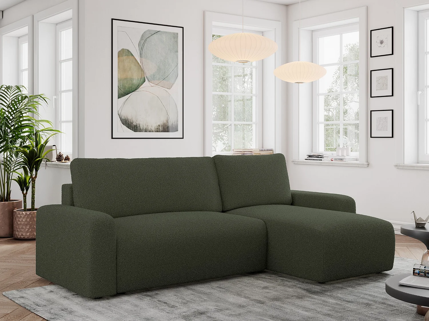 Ecksofa ARGOS - mit Schlaffunktion, Sofa mit armlehnen, Bettkasten, 3-Sitzer Sofa - Grün Boucle