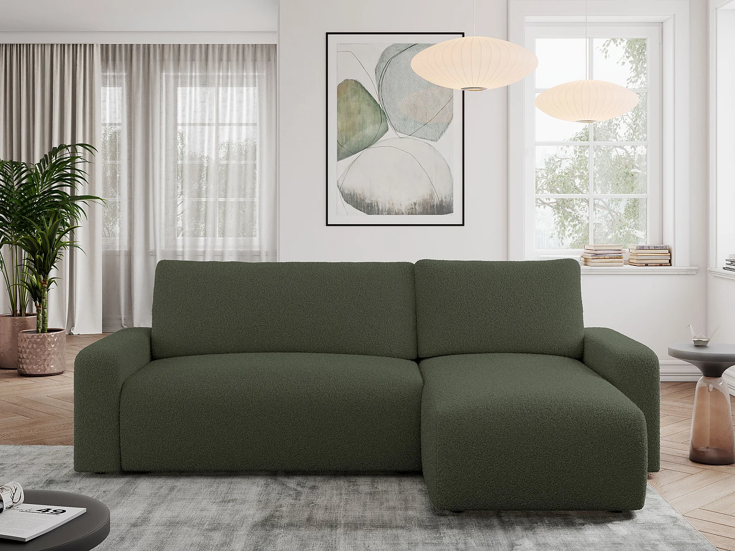 Ecksofa ARGOS - mit Schlaffunktion, Sofa mit armlehnen, Bettkasten, 3-Sitzer Sofa - Grün Boucle
