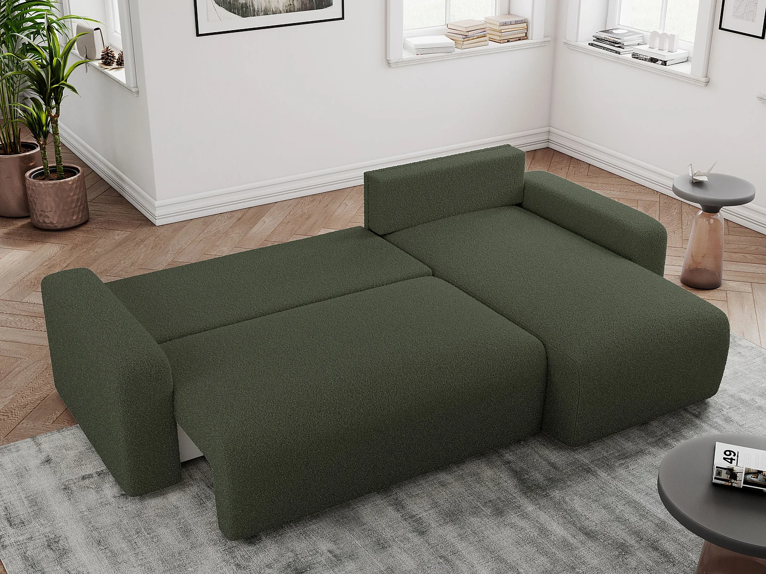 Ecksofa ARGOS - mit Schlaffunktion, Sofa mit armlehnen, Bettkasten, 3-Sitzer Sofa - Grün Boucle