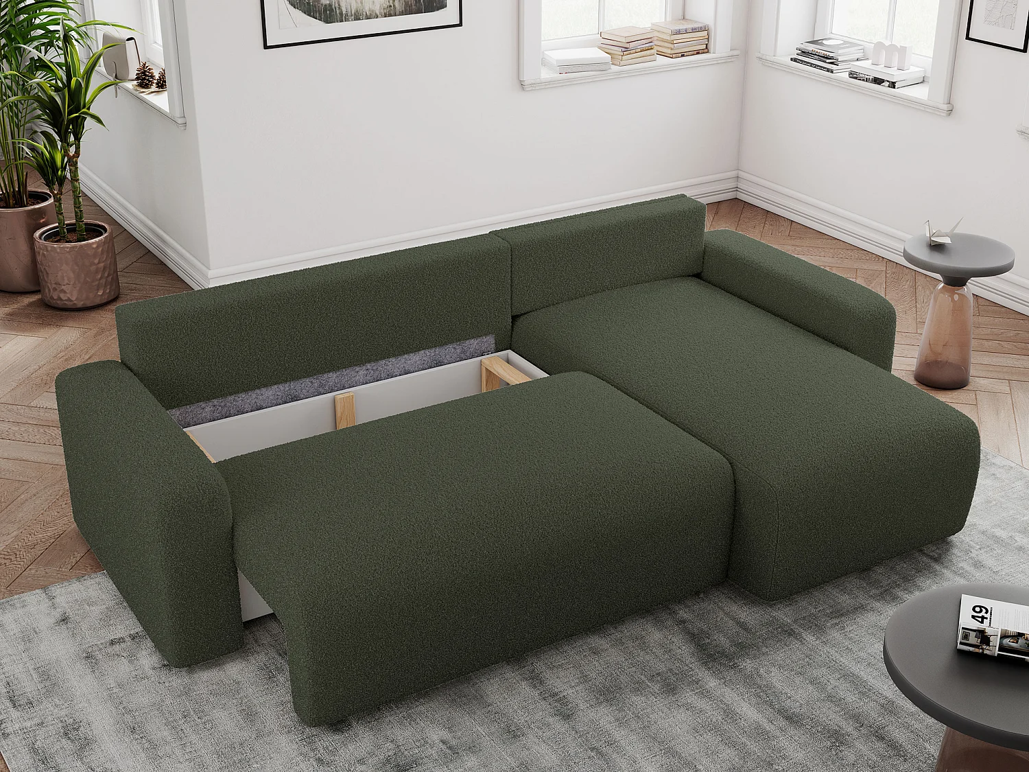 Ecksofa ARGOS - mit Schlaffunktion, Sofa mit armlehnen, Bettkasten, 3-Sitzer Sofa - Grün Boucle