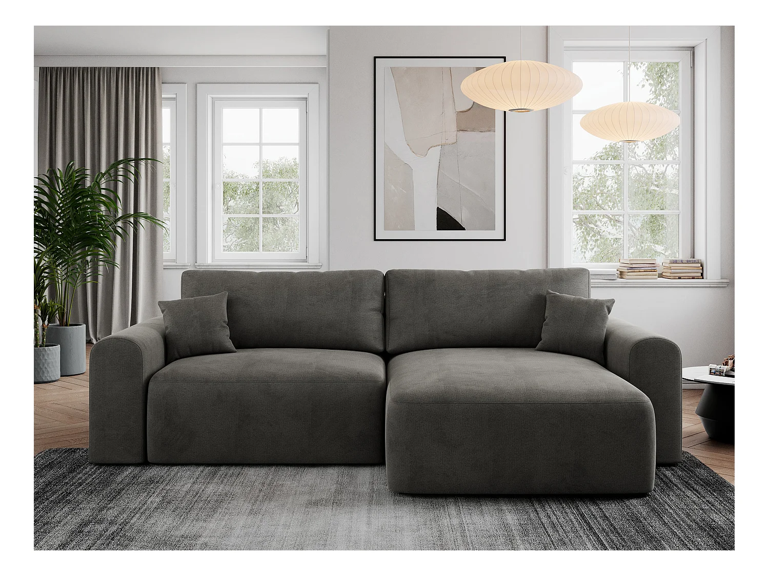 Ecksofa NELSON - Schlafcouch mit Armlehnen und Bettkasten, universelles L-förmige Ecksofa - Dunkelgrau Velvet