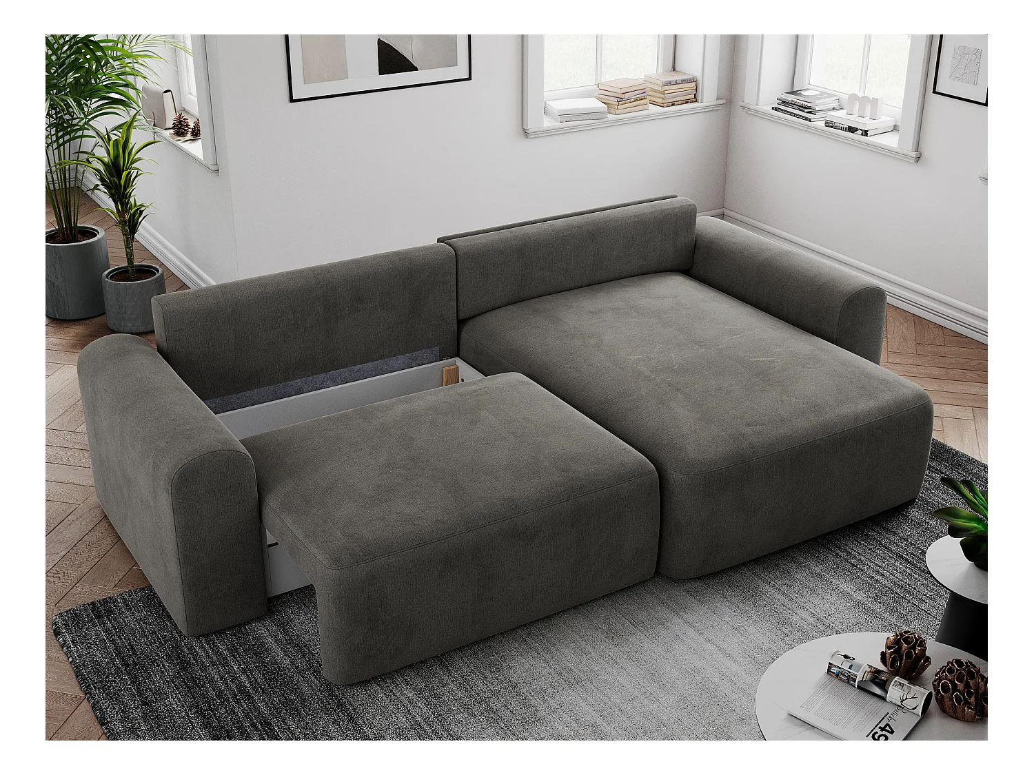 Ecksofa NELSON - Schlafcouch mit Armlehnen und Bettkasten, universelles L-förmige Ecksofa - Dunkelgrau Velvet