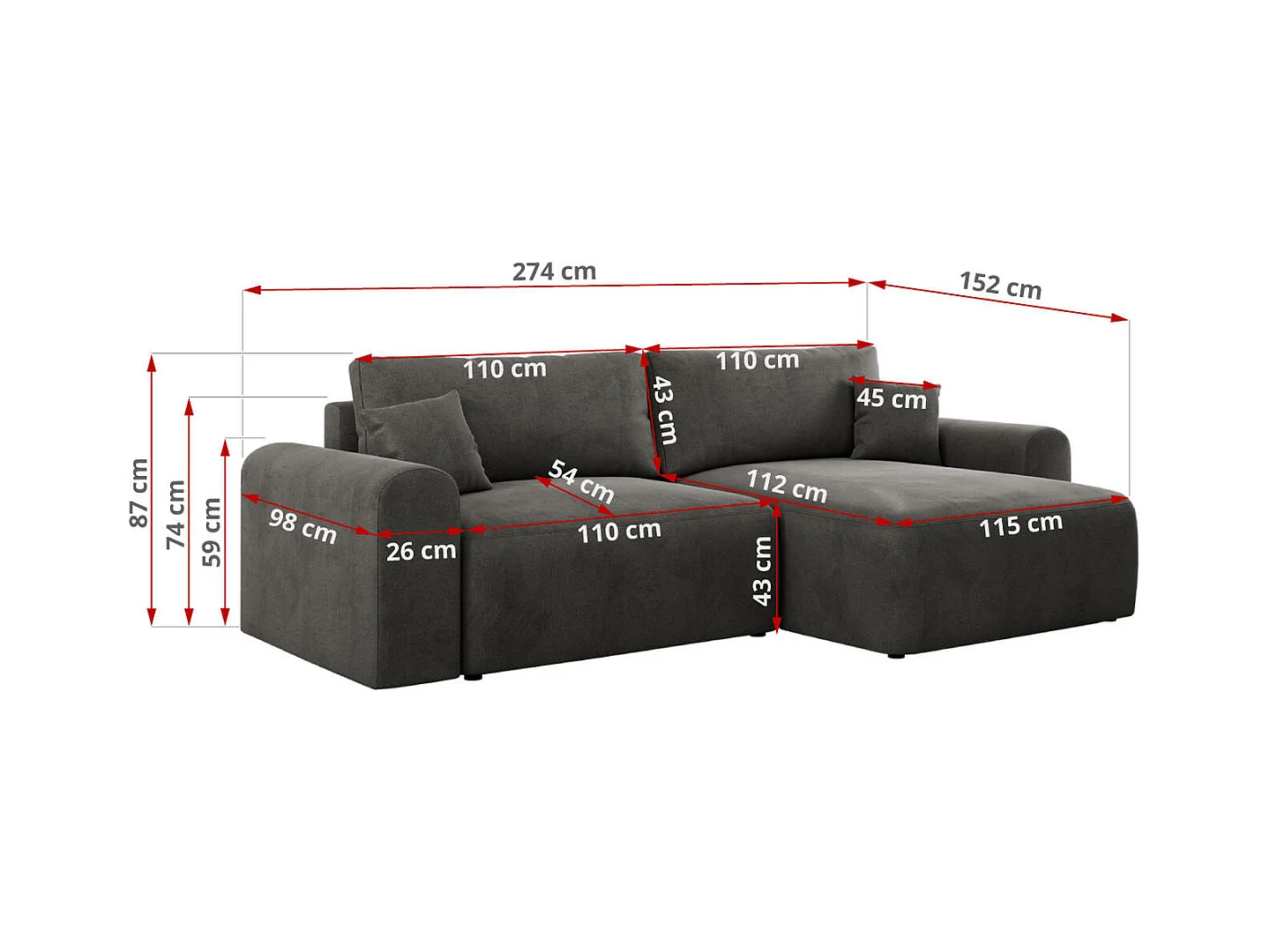 Ecksofa NELSON - Schlafcouch mit Armlehnen und Bettkasten, universelles L-förmige Ecksofa - Dunkelgrau Velvet