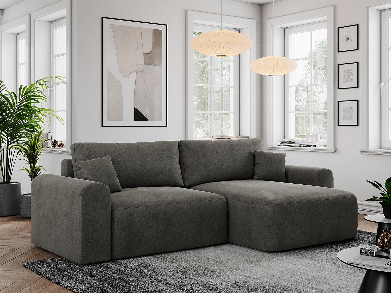 Ecksofa NELSON - Schlafcouch mit Armlehnen und Bettkasten, universelles L-förmige Ecksofa - Dunkelgrau Velvet