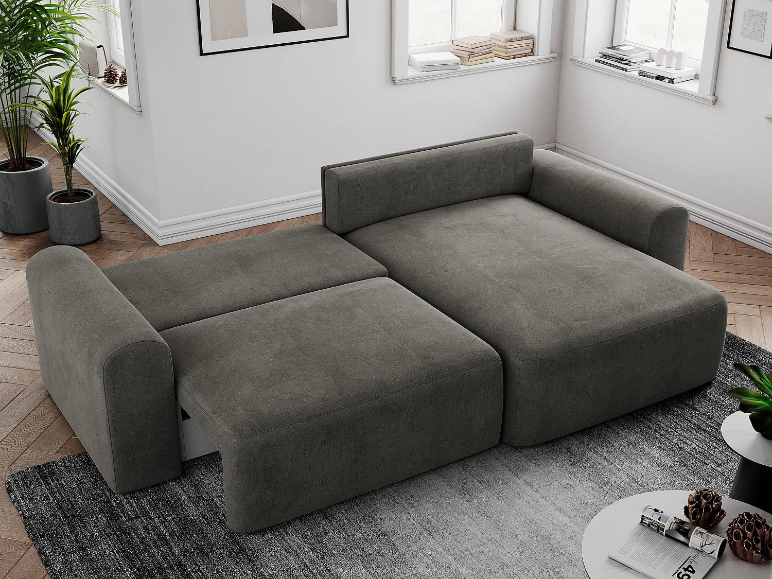 Ecksofa NELSON - Schlafcouch mit Armlehnen und Bettkasten, universelles L-förmige Ecksofa - Dunkelgrau Velvet
