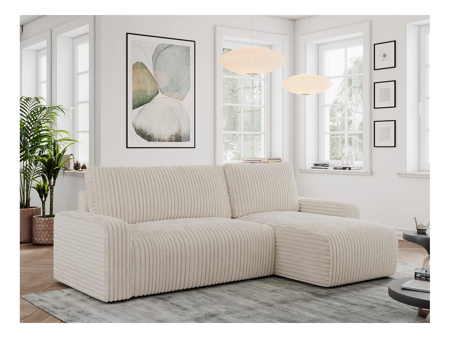 Ecksofa ARGOS - mit Schlaffunktion, Sofa mit armlehnen, Bettkasten, 3-Sitzer Sofa - Beige Cord
