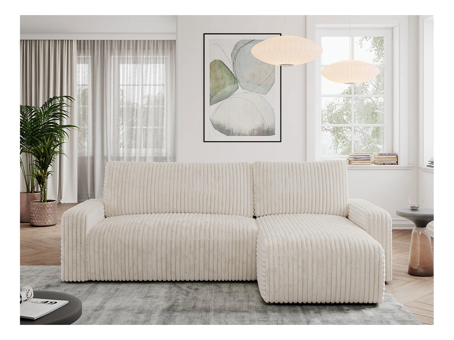 Ecksofa ARGOS - mit Schlaffunktion, Sofa mit armlehnen, Bettkasten, 3-Sitzer Sofa - Beige Cord