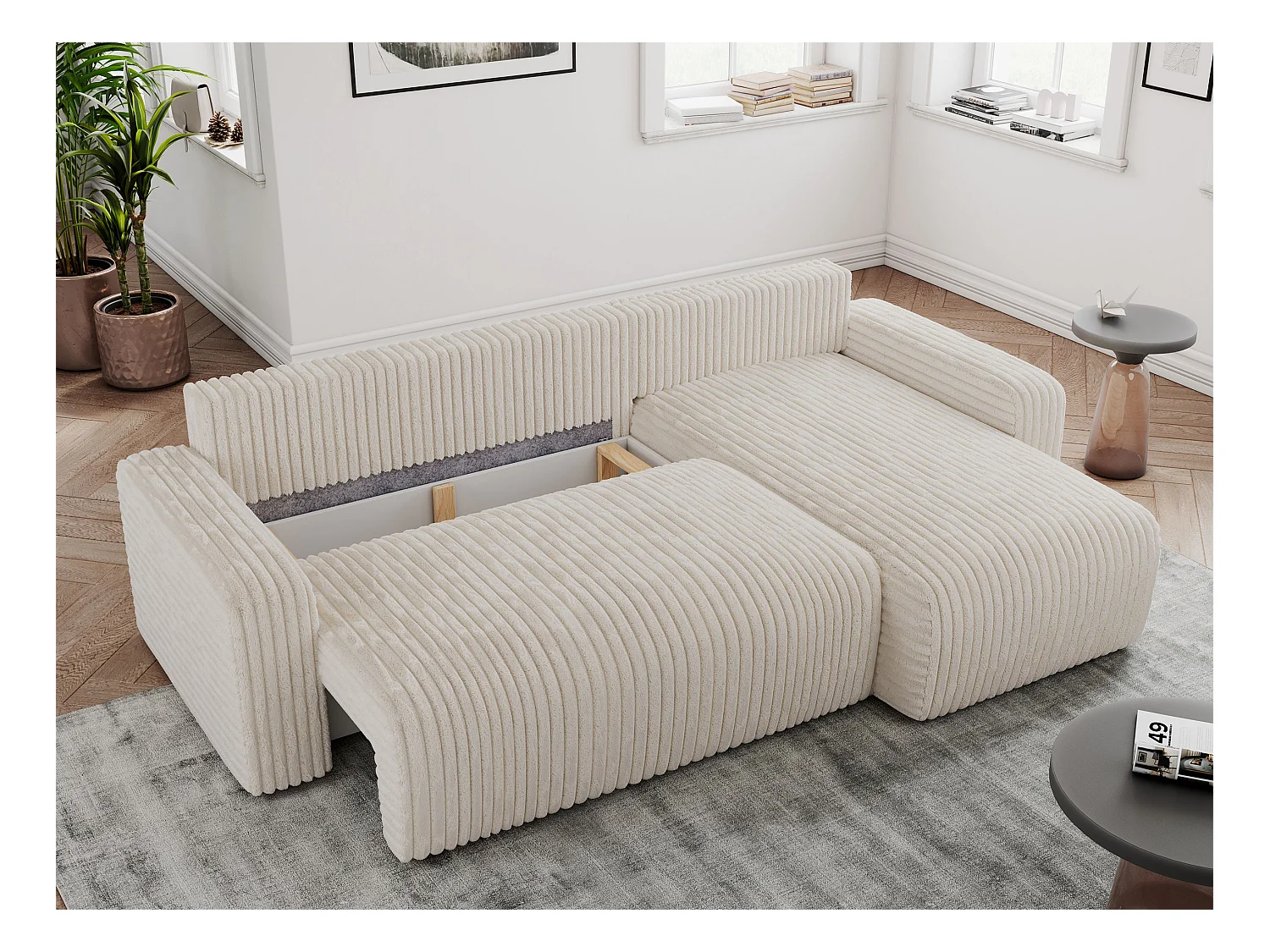Ecksofa ARGOS - mit Schlaffunktion, Sofa mit armlehnen, Bettkasten, 3-Sitzer Sofa - Beige Cord