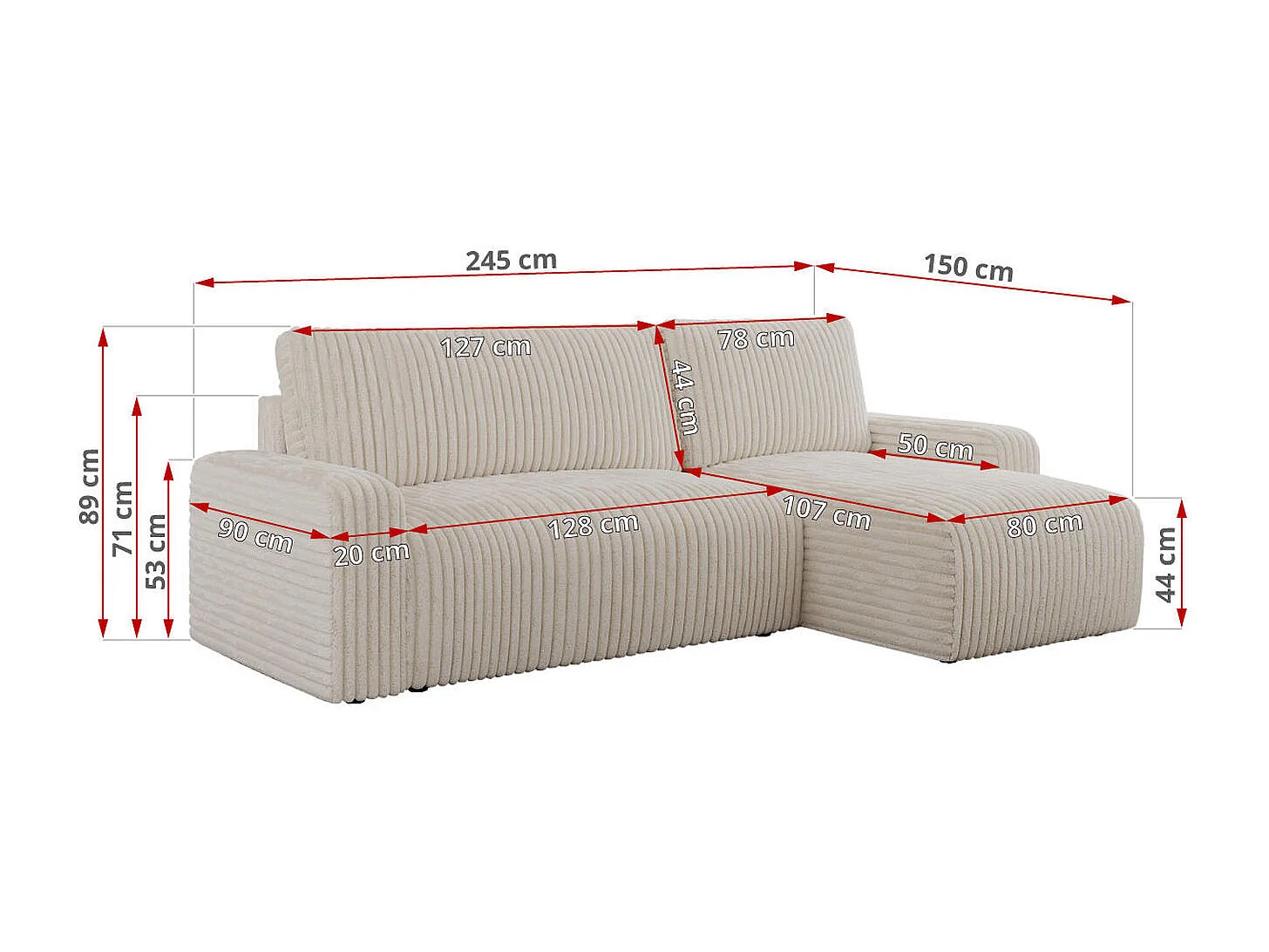 Ecksofa ARGOS - mit Schlaffunktion, Sofa mit armlehnen, Bettkasten, 3-Sitzer Sofa - Beige Cord