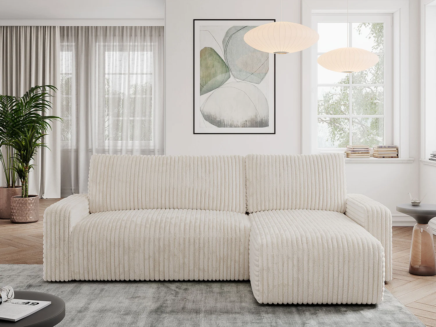 Ecksofa ARGOS - mit Schlaffunktion, Sofa mit armlehnen, Bettkasten, 3-Sitzer Sofa - Beige Cord