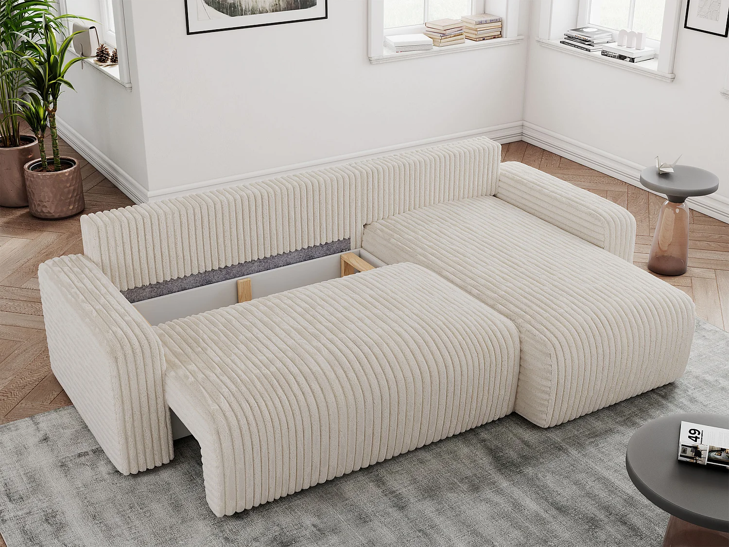 Ecksofa ARGOS - mit Schlaffunktion, Sofa mit armlehnen, Bettkasten, 3-Sitzer Sofa - Beige Cord