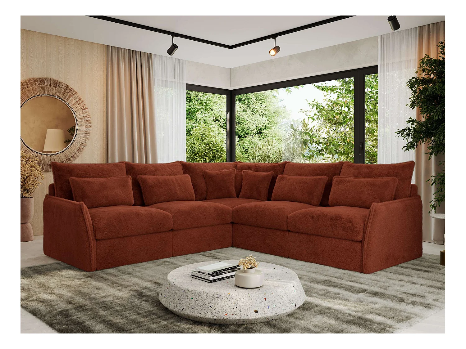 Ecksofa VERSO - modulare L-förmige Ecke, lose Kissen, Wohnlandschaft - Orange Plüsch