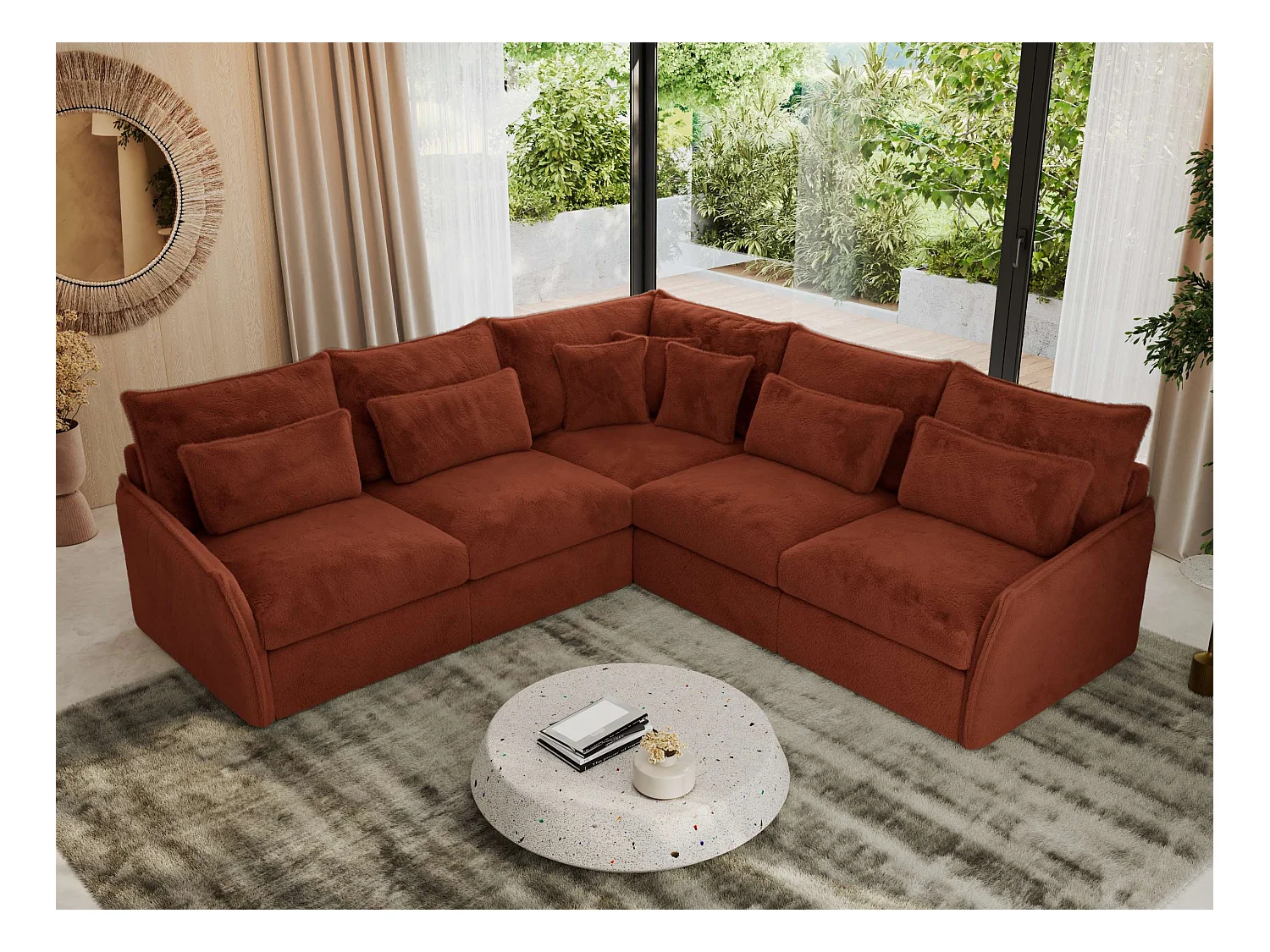 Ecksofa VERSO - modulare L-förmige Ecke, lose Kissen, Wohnlandschaft - Orange Plüsch