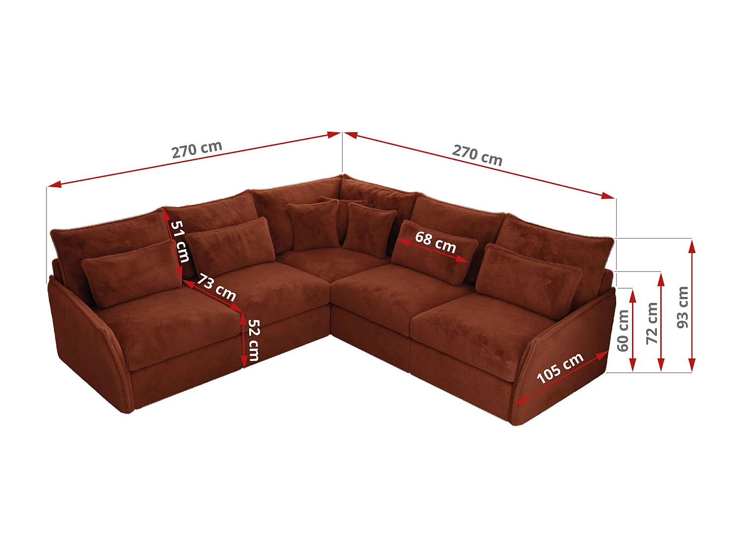 Ecksofa VERSO - modulare L-förmige Ecke, lose Kissen, Wohnlandschaft - Orange Plüsch