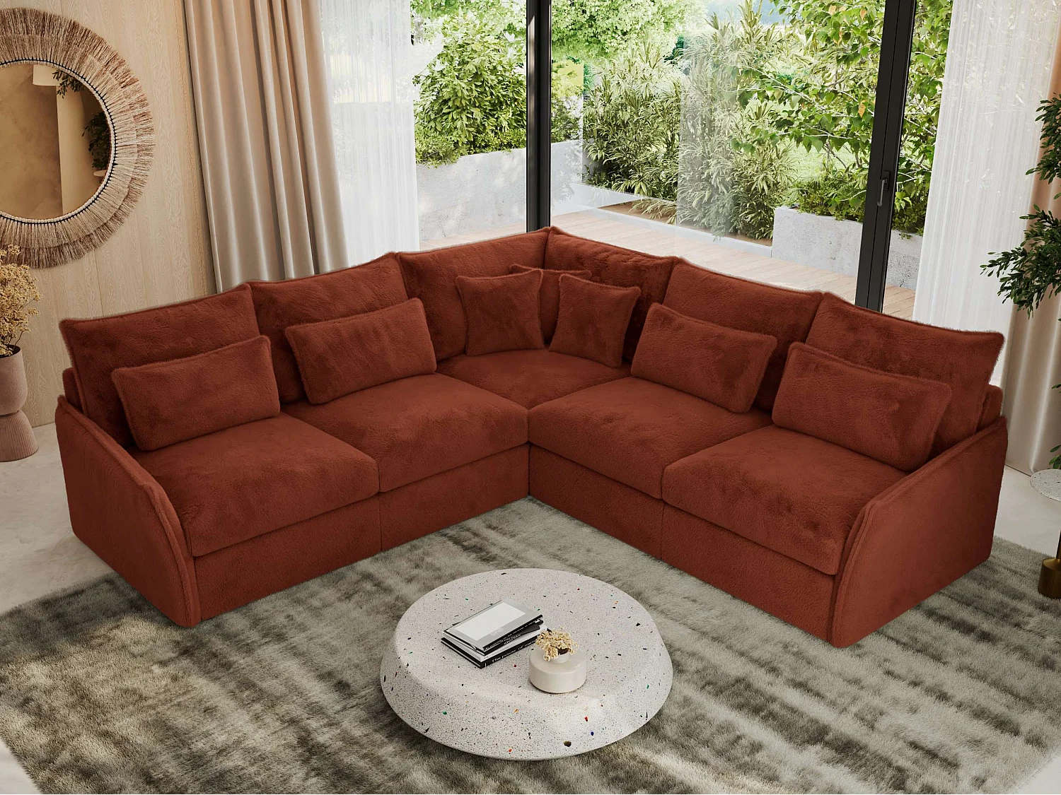 Ecksofa VERSO - modulare L-förmige Ecke, lose Kissen, Wohnlandschaft - Orange Plüsch