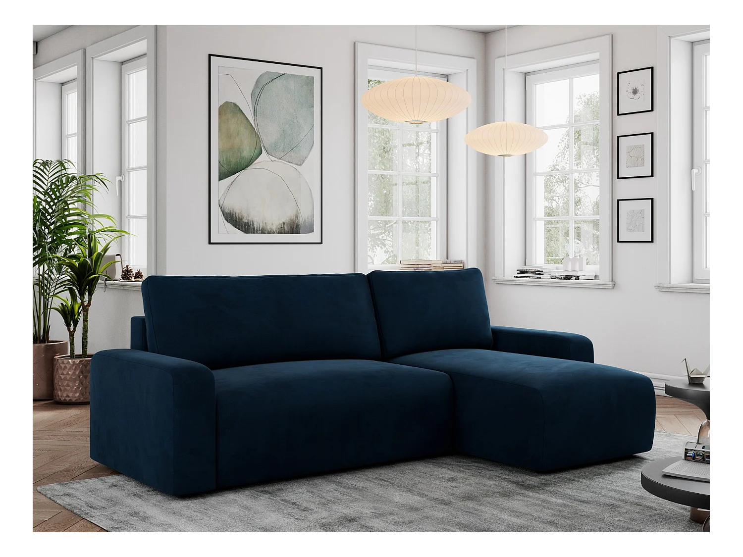 Ecksofa ARGOS - mit Schlaffunktion, Sofa mit armlehnen, Bettkasten, 3-Sitzer Sofa - Dunkelblau Velvet