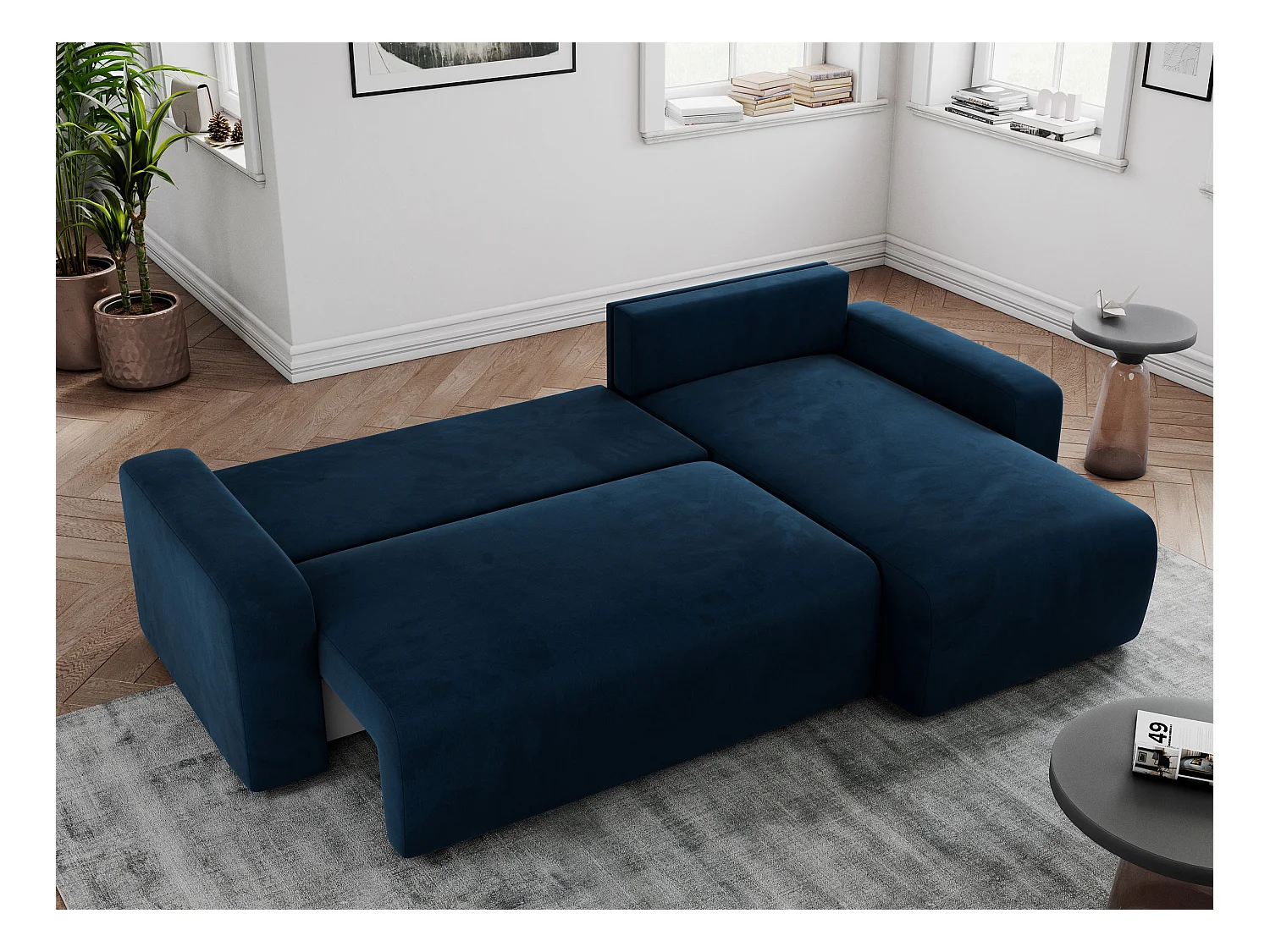 Ecksofa ARGOS - mit Schlaffunktion, Sofa mit armlehnen, Bettkasten, 3-Sitzer Sofa - Dunkelblau Velvet