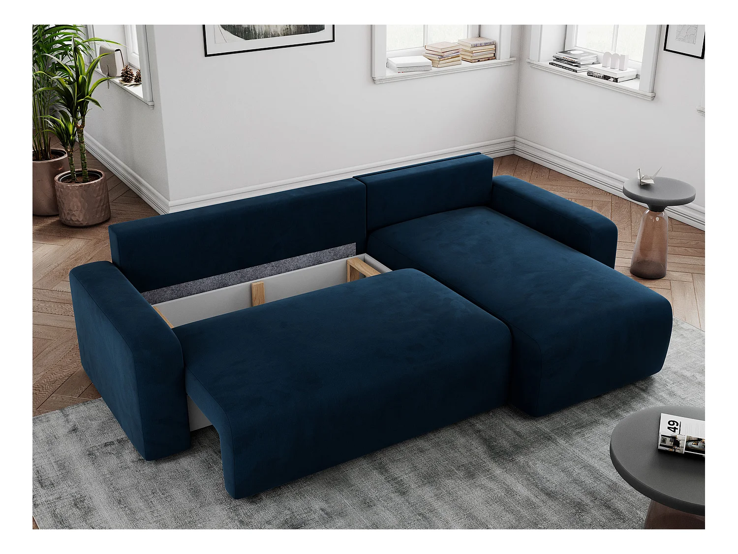 Ecksofa ARGOS - mit Schlaffunktion, Sofa mit armlehnen, Bettkasten, 3-Sitzer Sofa - Dunkelblau Velvet