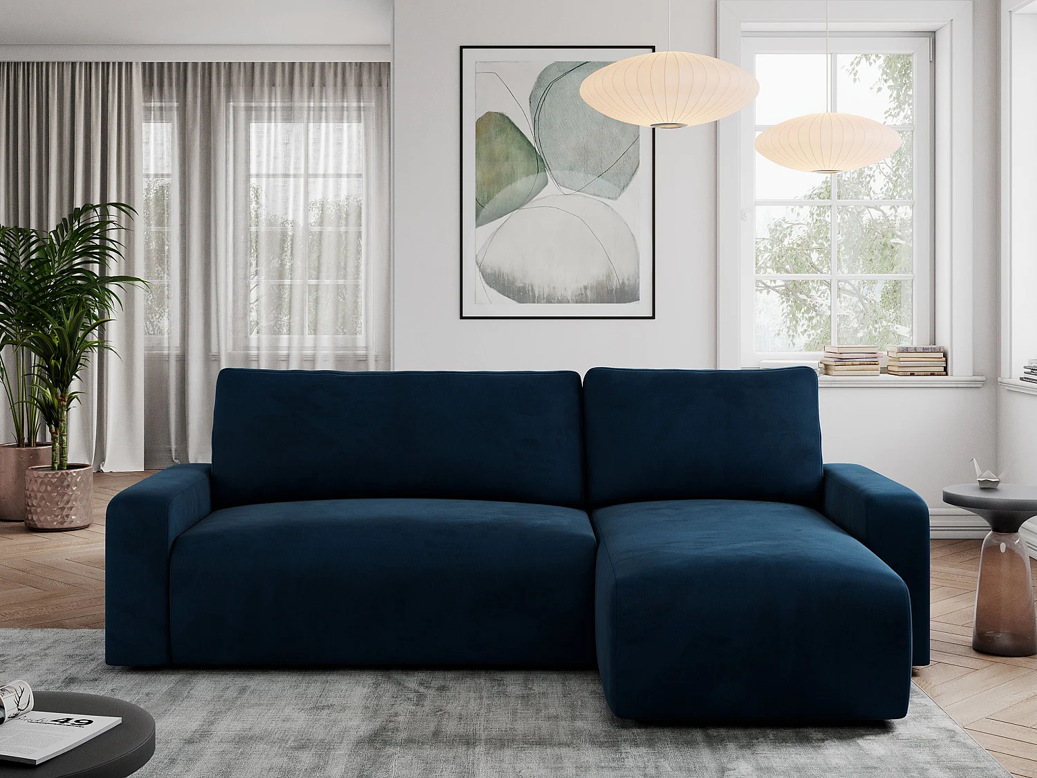 Ecksofa ARGOS - mit Schlaffunktion, Sofa mit armlehnen, Bettkasten, 3-Sitzer Sofa - Dunkelblau Velvet