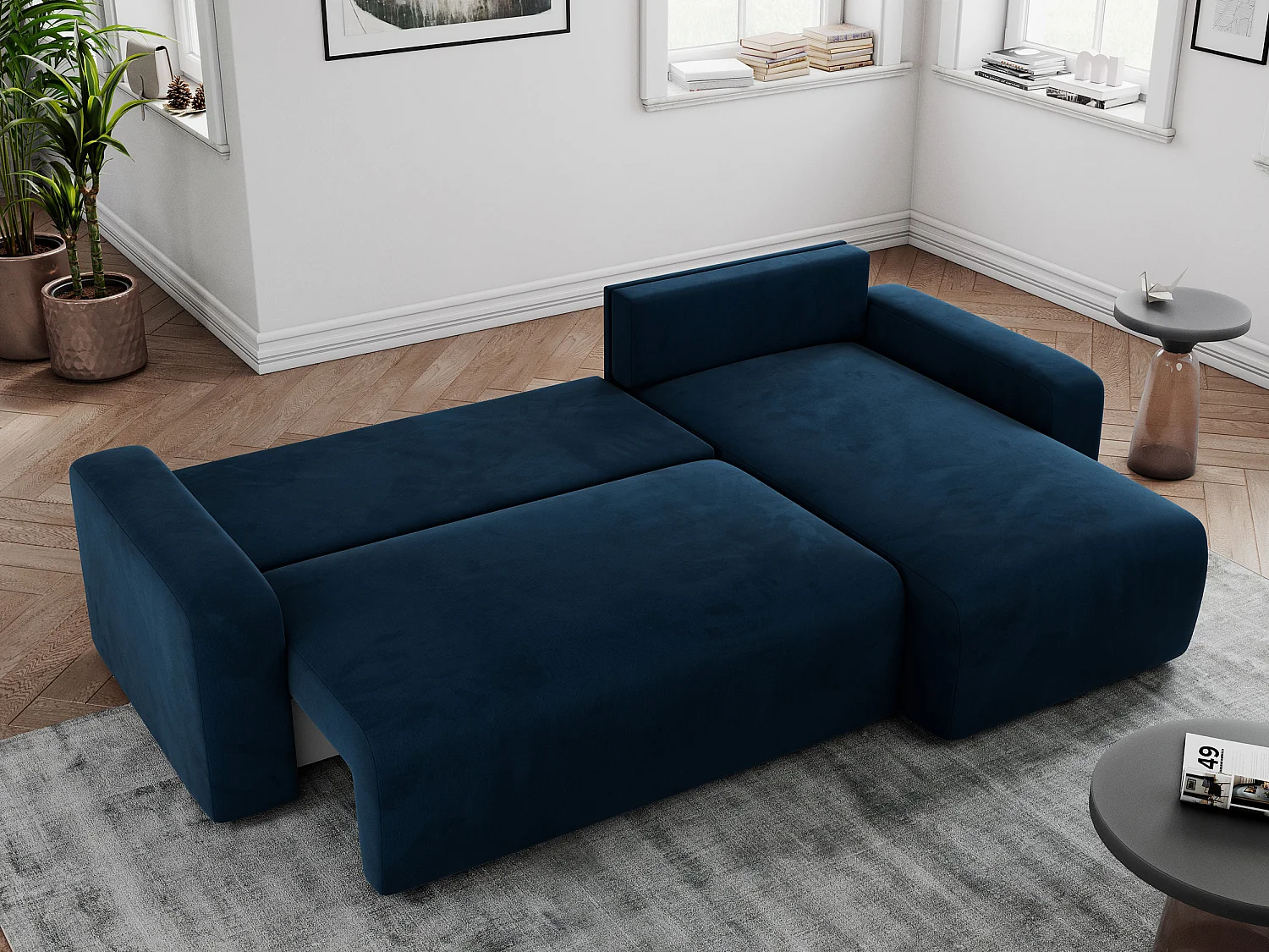 Ecksofa ARGOS - mit Schlaffunktion, Sofa mit armlehnen, Bettkasten, 3-Sitzer Sofa - Dunkelblau Velvet